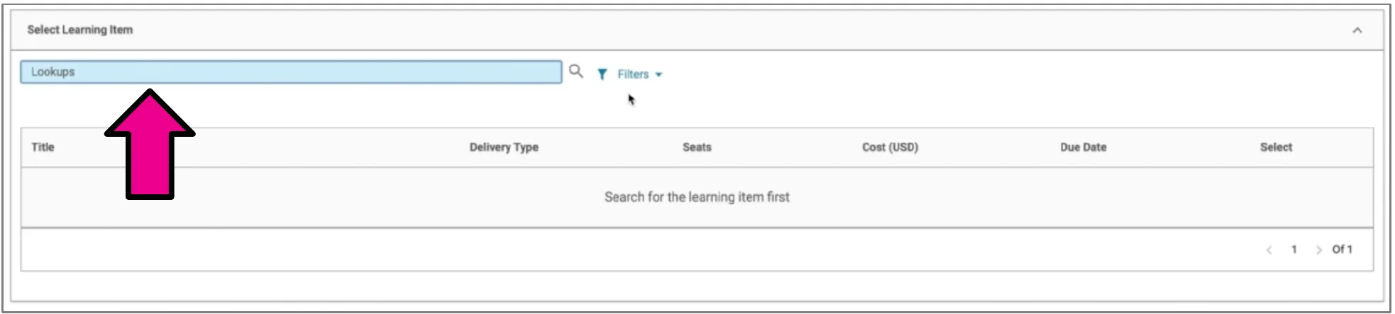 Select Learning Item section with an arrow pointing to the search bar.