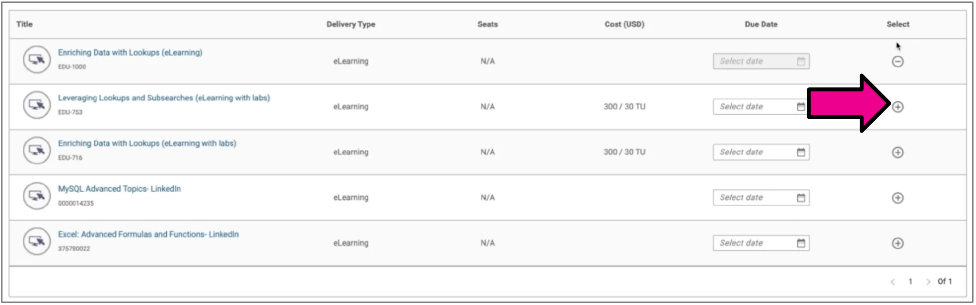Search results with delivery type, seats, cost and an arrow pointing to the plus icon in the Select column.