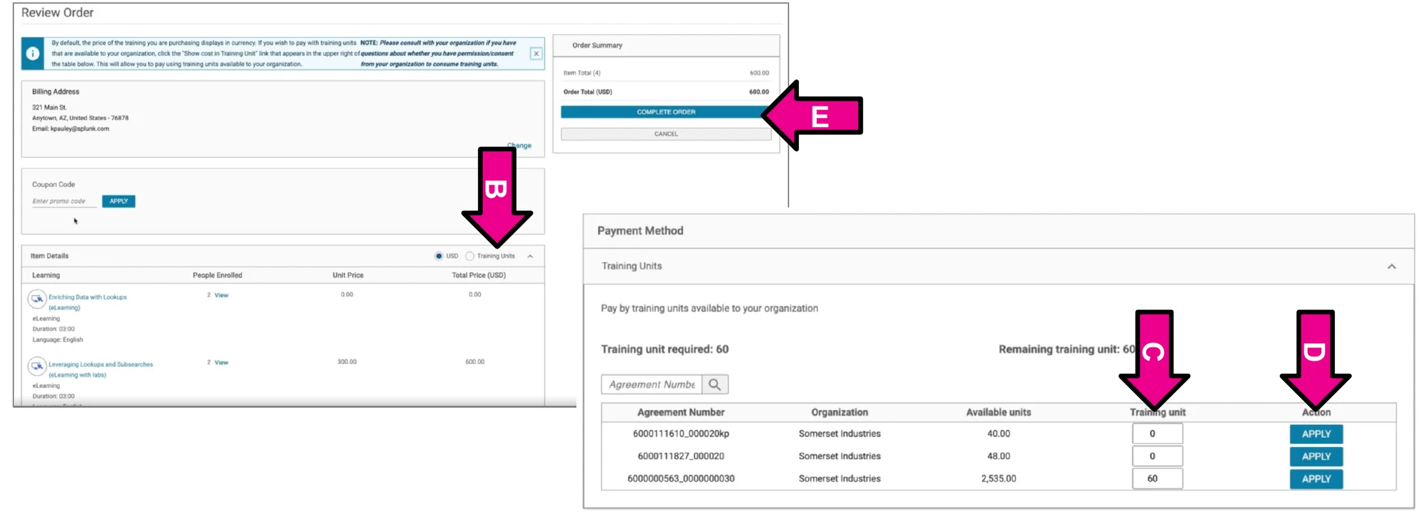 Review Order page. Arrow B points to the Training Units option. Arrow C points to the Training unit input box. Arrow D points to the APPLY button. Arrow E points to the COMPLETE ORDER button.