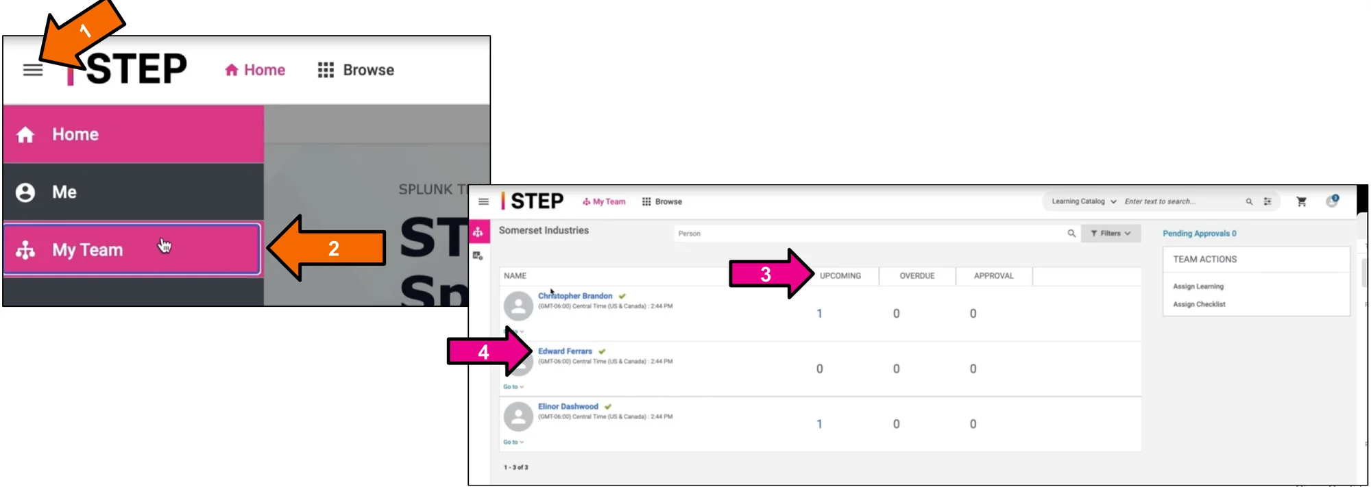 STEP menu with arrows 1 and 2 pointing to the menu icon and My Team. The My Team page with arrow 3 pointing to the UPCOMING column and arrow 4 pointing to a member name.
