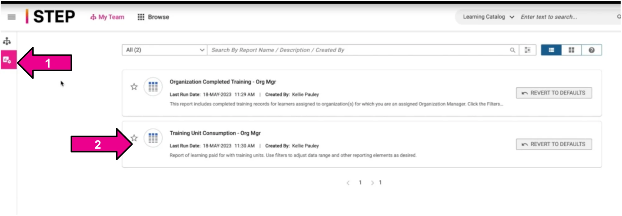 STEP Analytics page. Arrow 1 points to the Analytics icon in the left panel. Arrow 2 points to the Training Unit Consumption - Org Mgr report.
