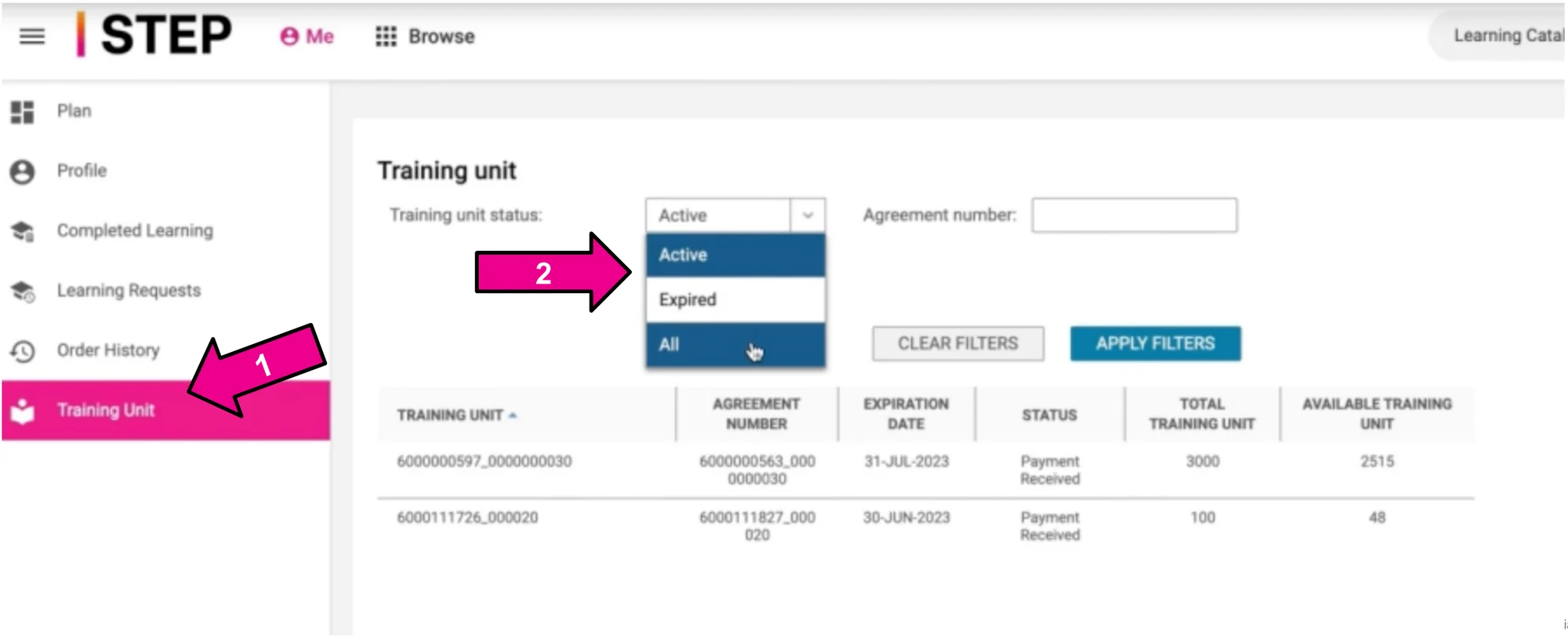 STEP Training Unit page showing agreements with expiration date, total and available Training Units. Arrow 1 points to Training Unit in the left panel. Arrow 2 points to the status list with All selected.
